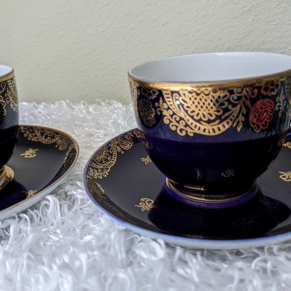 Lomonosov Porcelain Golden Frieze Cobalt 2 Tea Cups Saucers - 22 Karat Gold - Picture 9 of 11
